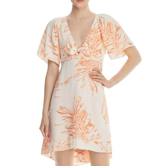 JOIE Floral Bow Detail Printed Short Sleeve V Neck A-line Hi-Lo Cocktail Dress - Picture 1 of 15